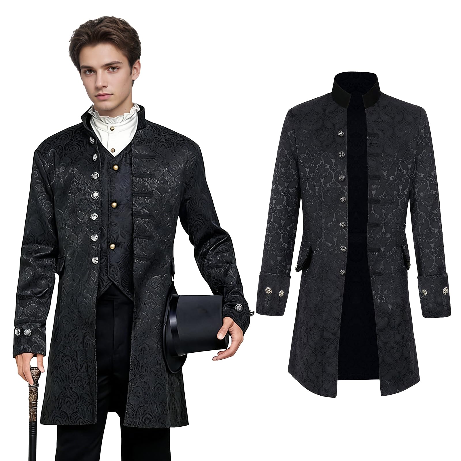 QEKFDOV Men Steampunk Vintage Jacket，Medieval Victorian Gothic Coat，Renaissance Frock Coat Long，for Halloween Steampunk-Themed Carnival Cosplay Costume (Black, 3XL)