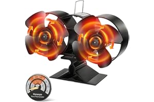 Hanaoyo Wood Stove Fan with Double Motors, 12 Blades Wood Stove Fan Heat Powered, Fireplace Fan with Magnetic Thermometer, Wood Stove Accessories Non Electric Fan for Wood/Gas/Log Burner Stove