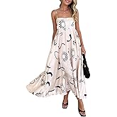 Women Boho Floral Maxi Dress Spaghetti Strap Smocked Back Flowy Dress Sleeveless Aline Long Sundress