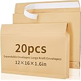 Fullhawl 20 Pcs 12 x 16 x 1.6 Inch Large Expandable Catalog Envelopes Manilla Kraft Peel and Seal Envelopes Light Brown Large Mailing for Office Home Documents Magazines Photos Storage Organizing