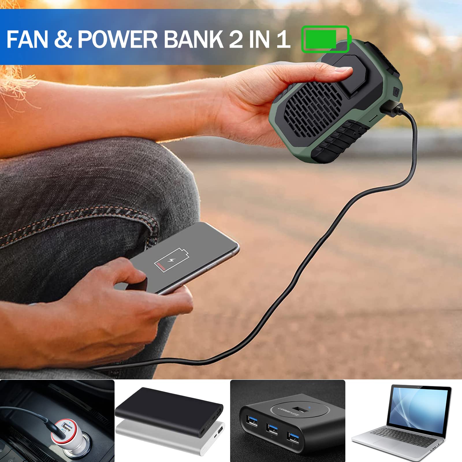 Drosica Portable Waist Fan 6000mAh Rechargeable, Necklace Fan with 20H Working Time 3 Speeds 6000RPM Strong Airflow Personal Fan for Outdoors, Jobsite, Farm, Travel, Riding (Green)