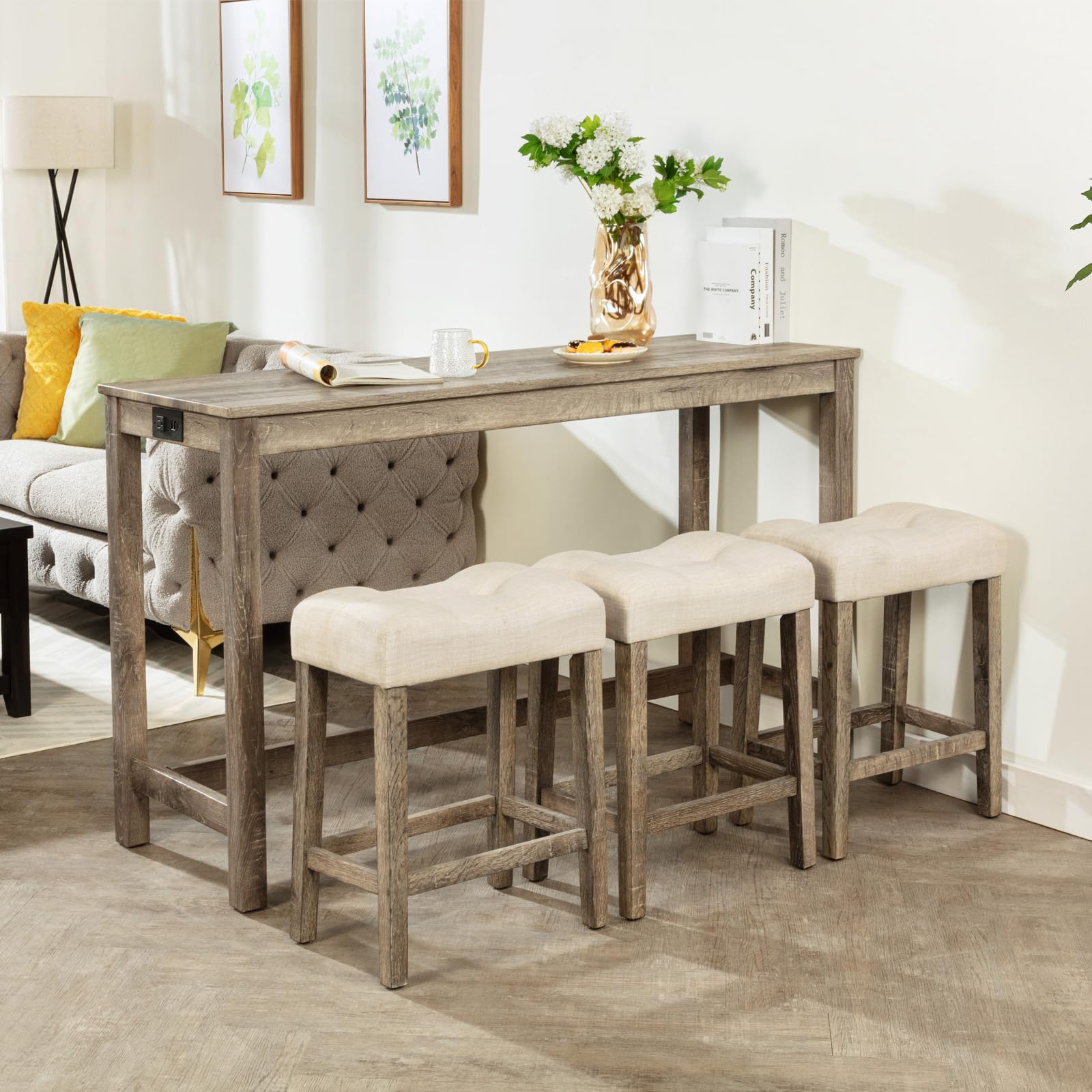 Photo 1 of *FOR PARTS ONLY/ TOP IS DAMAGED* Ball & Cast 4 Piece Dining Bar Table and Chairs Set, Farmhouse Wooden Kitchen Island-Table w/USB Ports&Power Outlet & 3pcs Upholstered Stools, 59" Counter-Table with Stool, Charging Station, Brown