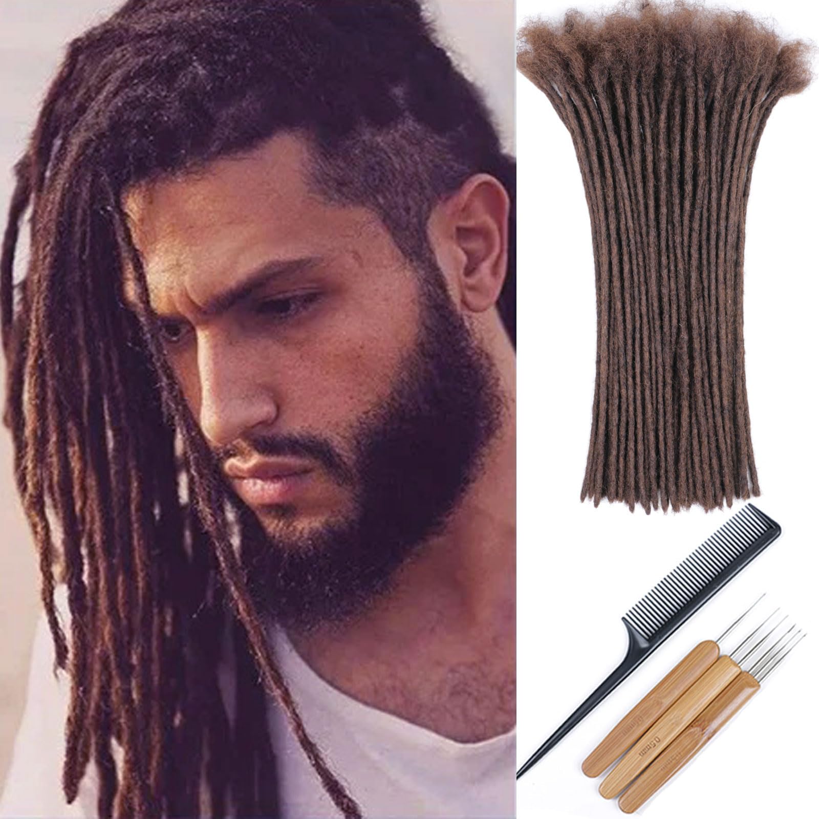 Huarisi 12 Inch Brown Dreadlock Extensions Human Hair 0.2cm Thin Loc Extensions Real Human Hair for Men Women 60 Strands #4 Full Handmade Permanent Dreadlock Extensions Can Be Curled — image 1