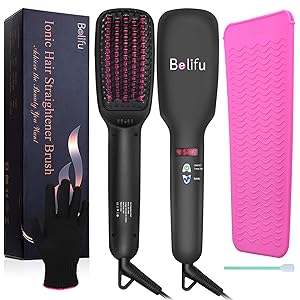 Ionic Hair Straightener Brush Dual Voltage with Silicone Mat Pouch for Safe Storage, Straightening Comb Protect Sensitive Scalp, 30s Fast Ceramic Heating, Auto Off,with Comb Cleaner and Glove