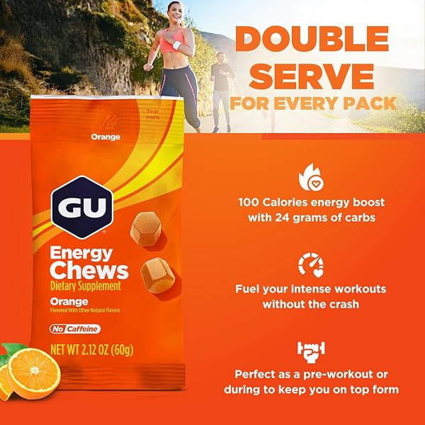 GU ENERGY CHEWS, ORANGE ENERGY GUMMIES WITH ELECTROLYTES, VEGAN, GLUTEN-FREE, KOSHER, CAFFEINE-FREE, AND DAIRY-FREE ON-THE-GO ENERGY FOR ANY WORKOUT, 12 BAGS (24 SERVINGS TOTAL)
