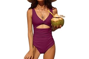 Charmo Womens One Piece Swimsuit Ruched Tummy Control High Cut Backless V Neck Bathing Suits Swimwear