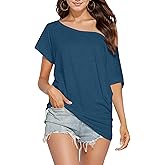 Teepie Off The Shoulder for Women Short Sleeve Shirts Oversized Tshirts Date Night Flowy Boat Neck Tops