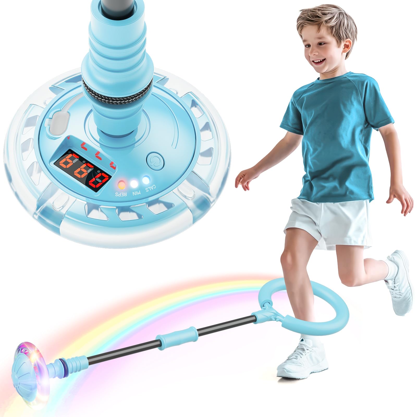Hot Bee Ankle Skip Ball for Kids with Counter, Timer, Cal Calculator, Boy Girl Birthday Gifts for Age 5 6 7 8 9 10+ Rechargeable Foldable Sports Toy Skip it Toy for Kids Easter Present Light Blue