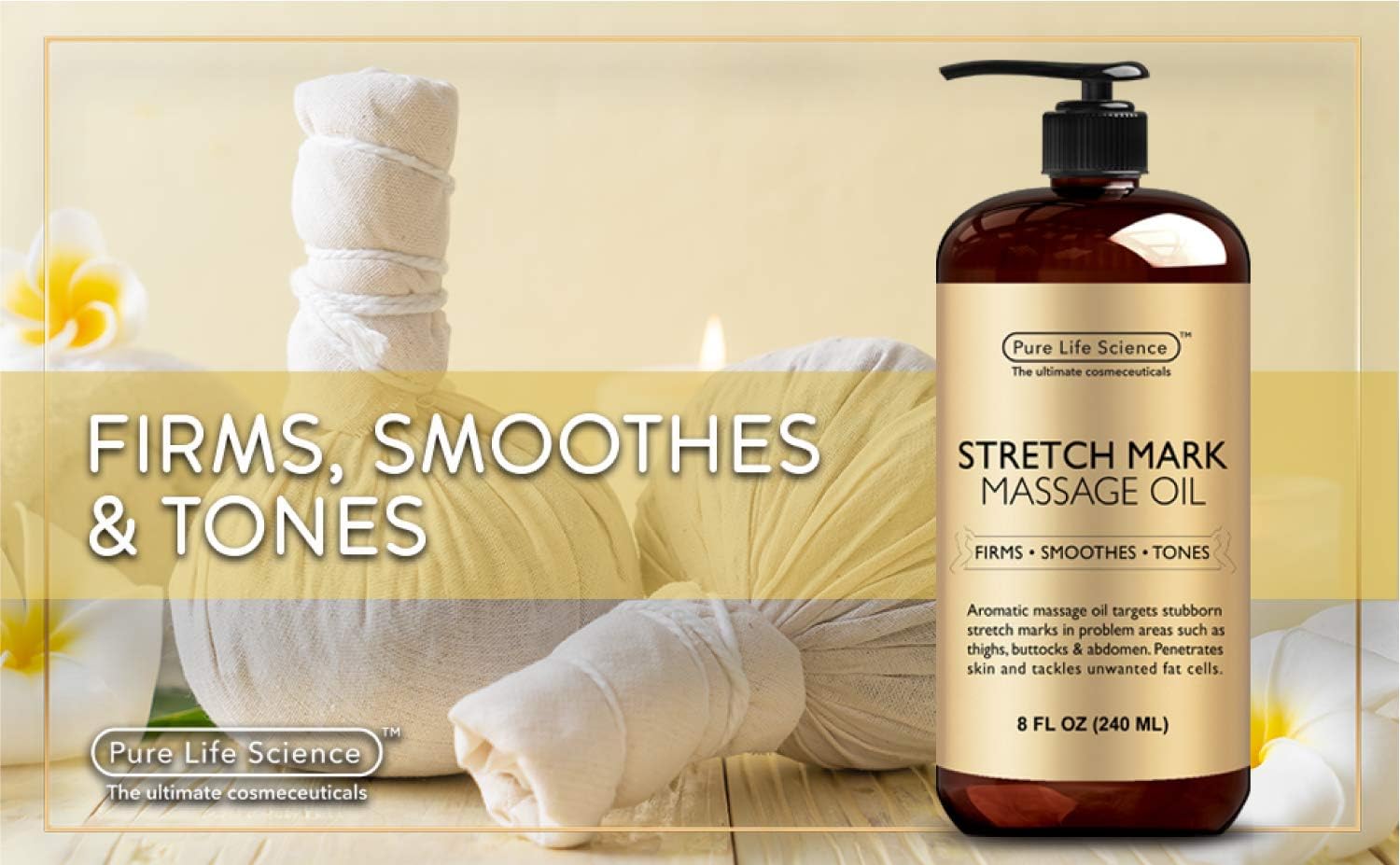 Pure Life Science Stretch Mark Oil - All Natural Ingredients - Stretch Mark & Scar Therapy For Pregnancy & Uneven Skin Tone, Penetrates 6X Deeper Than Stretch Mark Cream, Non-Greasy Formula - 8 OZ: Health & Personal Care