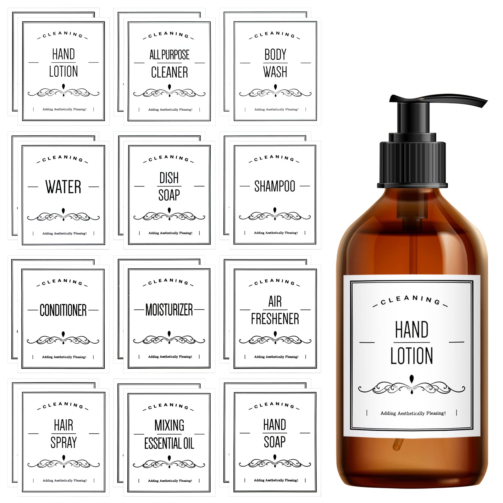 Waterproof Bottle Label Sticker Soap Dispenser Sticker for Bathroom Lotion Shampoo Bottle 9.5 x 8 cm Pack of 24 White