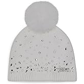 Karl Lagerfeld Womens Crystal and Pearl Studs Faux Fur Pom Beanie