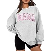 ELDPS Mama Sweatshirts for Women Embroidered Mama Shirt Oversized Mom Crewneck Pullover Hoodies Long Sleeve