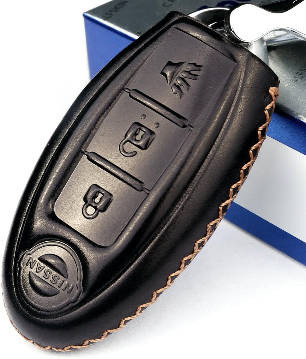 Cadtealir Calfskin Genuine Leather 2008-2018 Nissan 350Z 370Z Cube Juke Leaf Armada Murano Pathfinder Quest Rogue Sentra Titan Key fob Cover case Holder only 3 Buttons Black Color