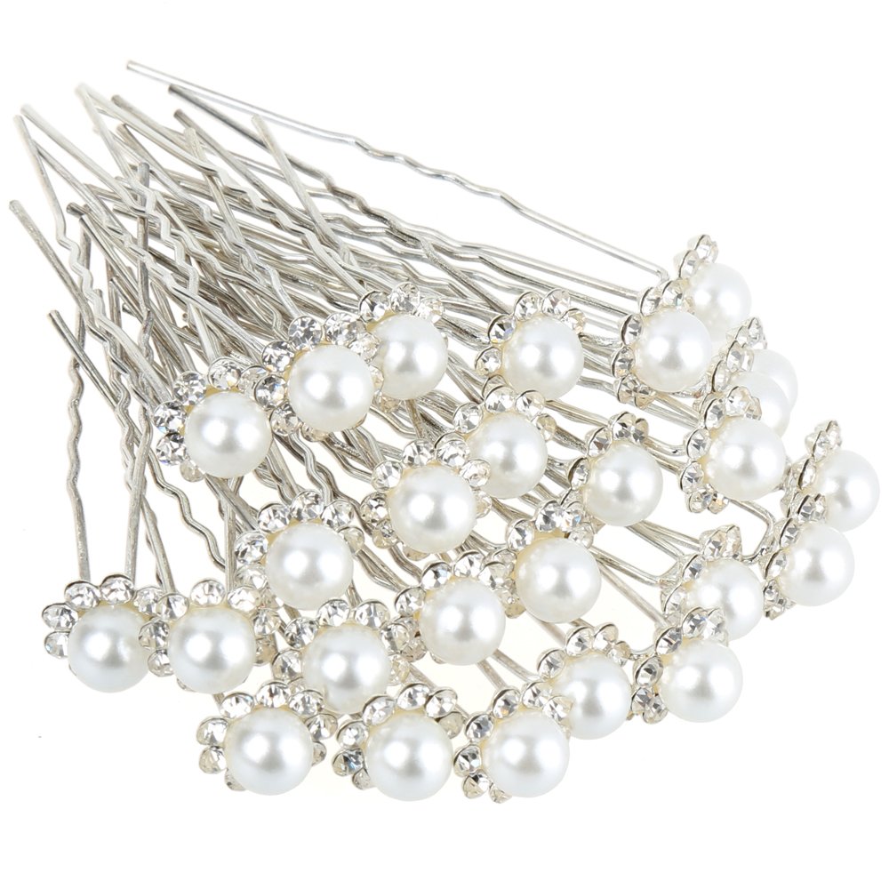 H&S 40 Bridal & Wedding Pearl Hair Pins – Crystal Flower Hair Accessories for Women & Bride - Pearl Pins