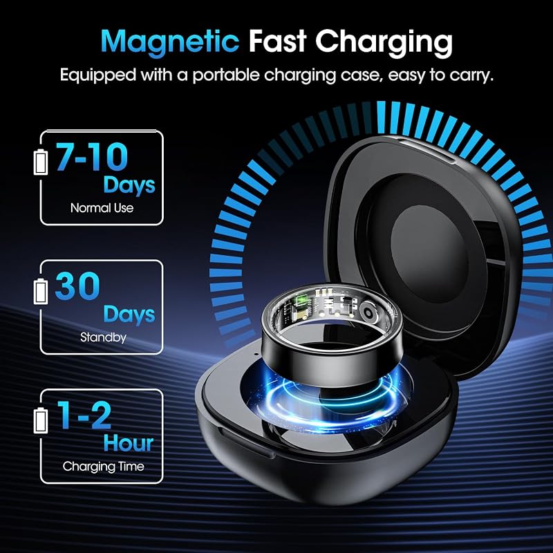 Bague Connectée Homme Femme, Smart Ring avec Commande Gestuelle, Fréquence Cardiaque(HRV), SpO2, Sommeil, 170+ Modes Sportifs, Smartwatch 5ATM Podomètre pour Android iOS, Taille 11, Noir — photo 7 sur 8