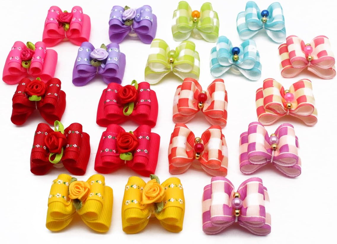 HOLLIHI 20pcs / 10 works Adorable Grosgrain Ribbon Pet Dog Hair Bows with Rubber Bands - Image 4