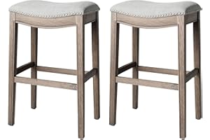 Maven Lane Adrien Backless Bar Stool – Set of 2 – 31 Inch Saddle Seat with Footrest – Grey Solid Wood Frame & Grey Fabric Upholstery – Ideal for Bars, Pub Tables & Tall Kitchen Counters