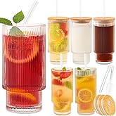 SogYupk 6 Pcs 16oz Ribbed Glass Cups With Bamboo Lids, Stackable, Suitable for Coffee, Juice, Cocktails, Beer
