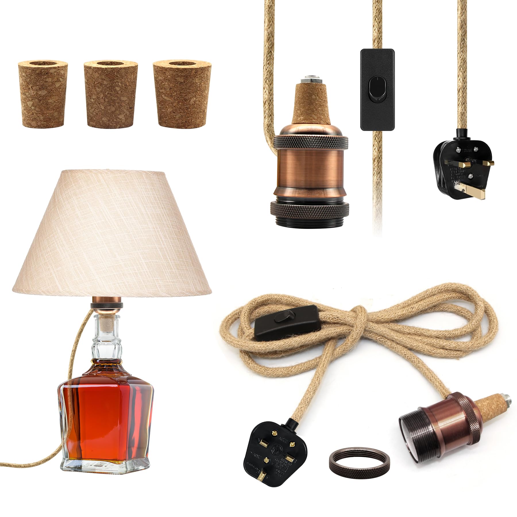 Bottle Lamp Kits, 2 Pack Bronze Bottle Lamp Adaptor Kit, Lamp Kits Do it Yourself, E27 Ceramic Lamp Holder with 240cm Plug and Switch, Brass Table Lamp Kit, Floor Lamp kit, with 3 Sizes of Stoppers