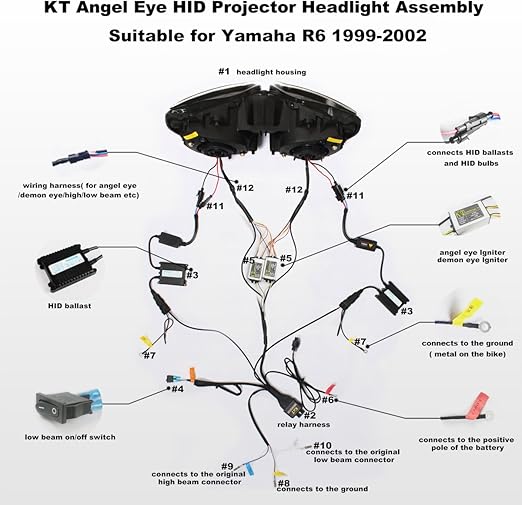Kt Headlight Assembly For Yamaha R6 1999 2002 White Angel Eye