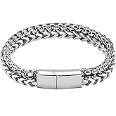 Joddfly Double Row Titanium Steel Bracelet, Cuban Chain Design, Silver, 19-22CM, Gift Box