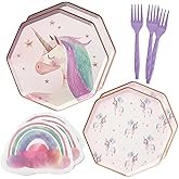 Modern Whimsy 64 pcs Unicorn Plates & Rainbow Napkins | Rainbow Unicorn Birthday Decorations | 3, 4, 5 Year Old Girl Birthday