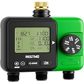 RESTMO 3-Zone Sprinkler Timer for Garden Hose with Brass Inlet | Triple Outlet Programmable Timer Up to 9h59m, Rain Delay/Manual/Automatic, Outdoor Hose Timer for Lawn and Soaker Hose