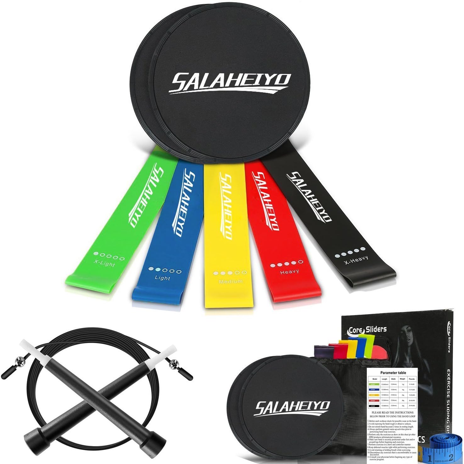 Salaheiyo Resistance Loop Band Set of 5 and Core Sliders Gliding Discs Set of 2 and Jump Rope Fitness Equipment Set