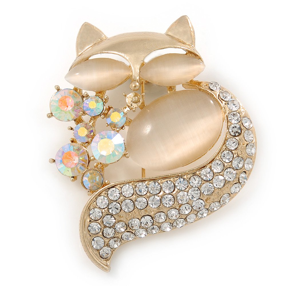 AB/Clear Crystal, Neutral Cat Eye Stone Fox Brooch In Gold Tone - 45mm L