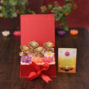 Collectible India Diwali Gift Items Items Set -Metal Kuber Diya Oil Lamp, Set of 4 Floating Candles Wax Tealight, Greeting Card with Gift Box