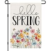 Hello Spring Floral Garden Flag 12x18 Inch Double Sided Burlap Outside, Flower Seasonal Sign Small Farmhouse Yard Outdoor Decoration DF235