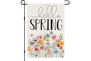 DECORHUA Hello Spring Floral Garden Flag 12x18 Inch Double Sided Burlap Outside, Flower Seasonal Sign Small Farmhouse Yard Outdoor Decoration DF235
