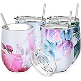 THILY Stainless Steel Stemless Wine Tumbler 4 Pack Vacuum Insulated Travel Wine Glasses with Sliding Lids and Straws, 12 oz, Keep Cold for Juice, Coffee, Beer, Flower Series