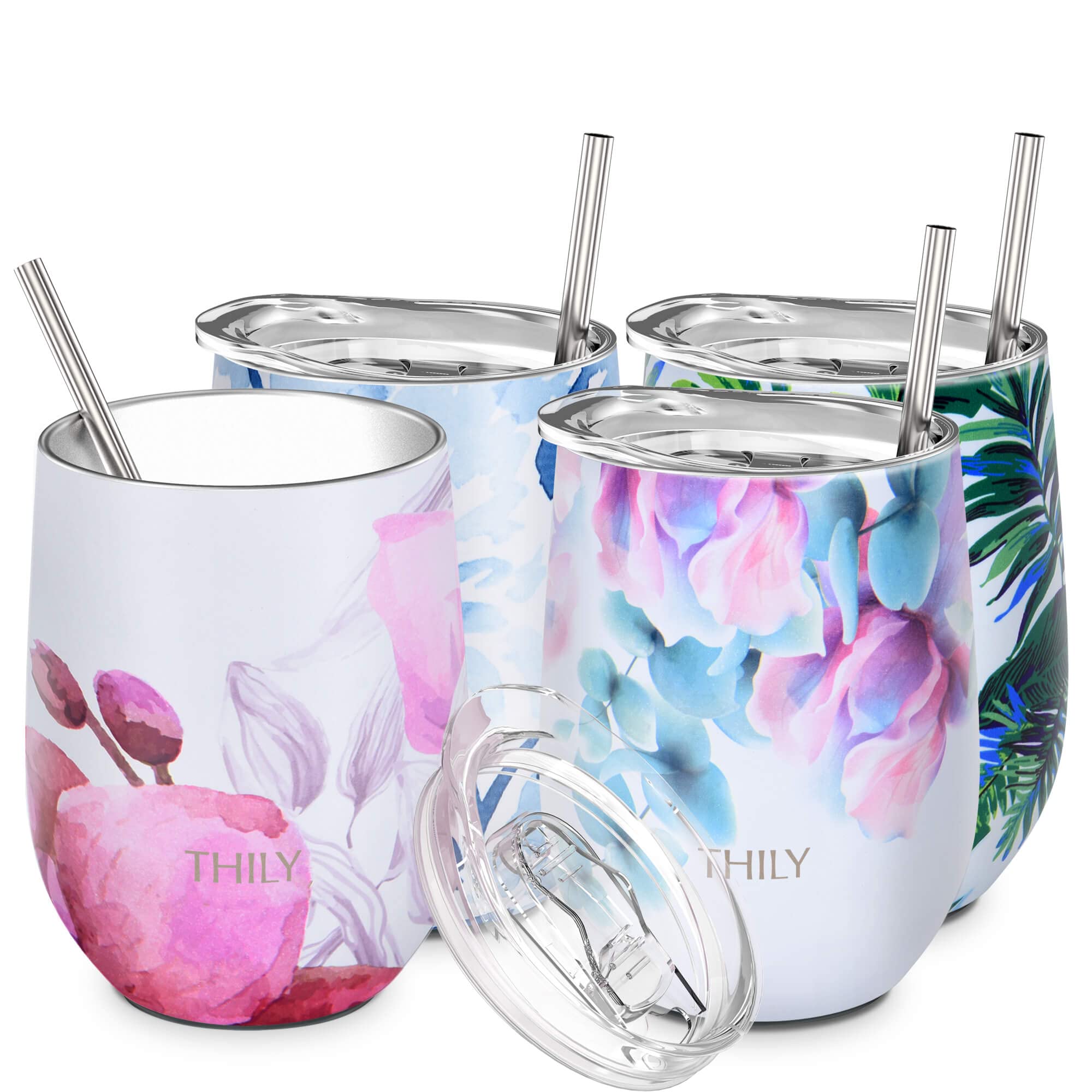 THILY Stainless Steel Stemless Wine Tumbler 4 Pack Vacuum Insulated Travel Wine Glasses with Sliding Lids and Straws, 12 oz, Keep Cold for Juice, Coffee, Beer, Flower Series
