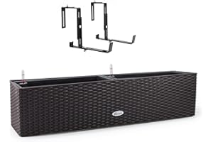 Dexceder 31.5 Inch Rattan Self Watering Planter Indoor Outdoor, Thickened Large Rail Flower Plant Pot Window Box with Water Level Indicators & Bracket (Brown)