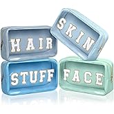 Pinkunn 4 Pcs Preppy Makeup Bags Christmas Chenille Letter Bag Face Skin Hair Stuff Cosmetic Bag Corduroy Makeup Pouch with Zipper Birthday Gifts for Women (Blue Series Colors)