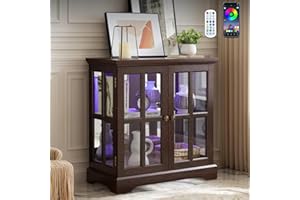 Eyisean 32"H Small Curio Cabinet with 7 Color Lights for Collectibles, Smartphone-Controlled, LED Glass Display Cabinet with Tempered Glass Doors and Adjustable Shelves, China Cabinet for Living Room