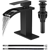 GBBNE Waterfall Bathroom Faucet 1 Hole, Single Hole Bathroom Faucet, Single Handle Vanity Sink Faucet with Deck Plate, Pop-up Drain & Supply Lines, Matte Black