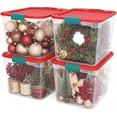 HOMZ Holiday Tote Plastic Storage Bin with Lid, 31 Qt, Clear/Red, 4 Pack | Large Stackable Organization Container for Home, Garage, and Office Organization
