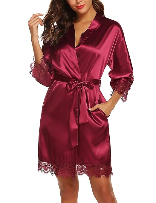 BESDEL Damen Bademantel Aus Satin-Seide Schräg mit V-Ausschnitt Kurze Kimono-Robe Brautjungfern-Robe