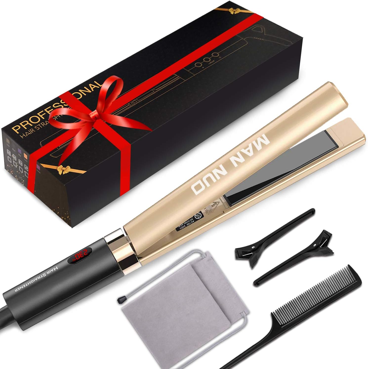 Professional 2 in 1 Curling Iron Hair Straightener Tourmaline Ceramic Flat Iron for All Hair Types with Rotating Adjustable Temperature Fast High Heat 250℉-450℉, 1 Inch (Gold)