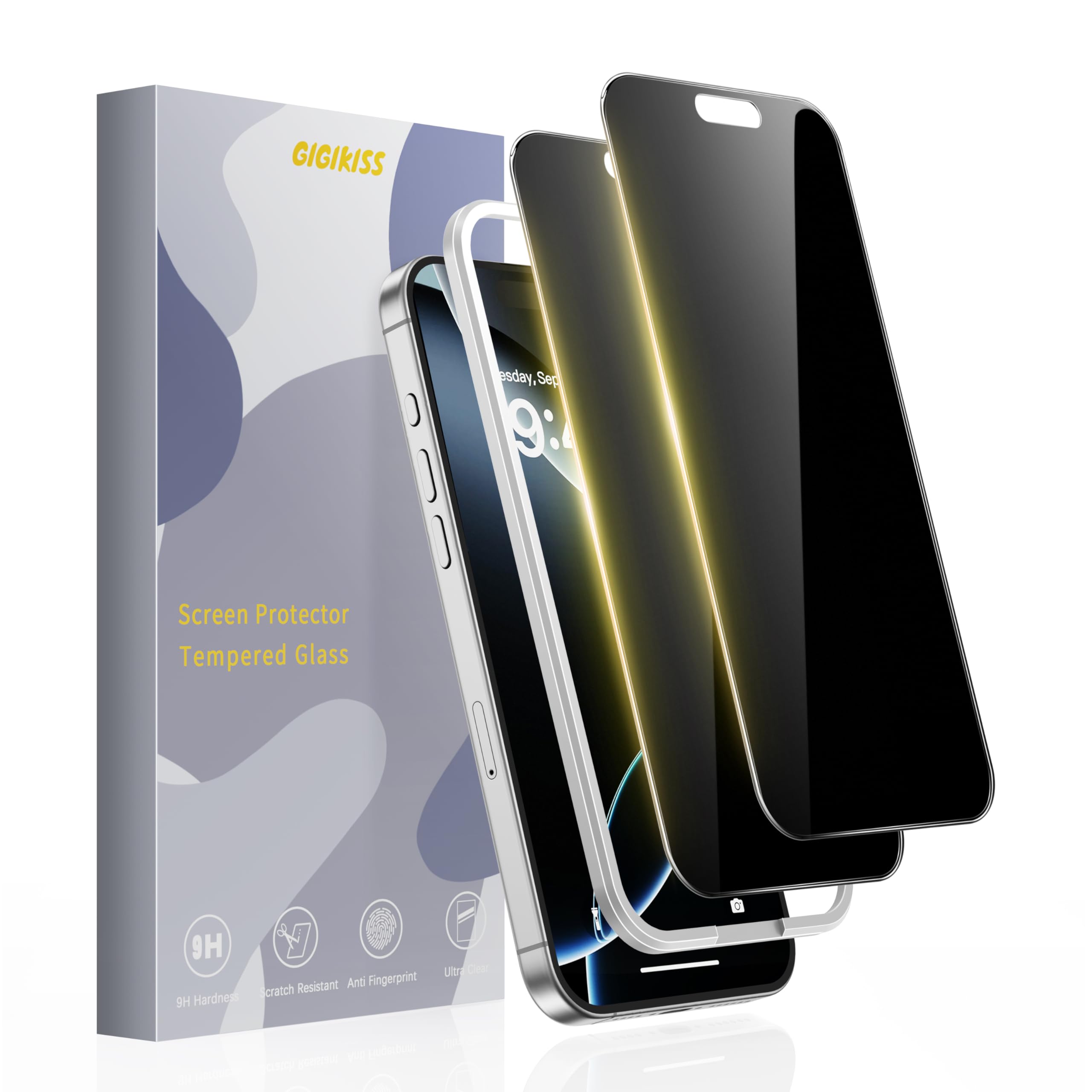 Photo 1 of GIGIKISS Compatible for iPhone 16 Pro Max Privacy Screen Protector 6.9 inch, Anti Spy Anti Blue Light HD Tempered Glass Screen Protector Easy Installation, Case Friendly, 2 Pack Black