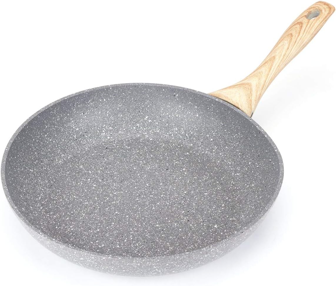 BOCCA Frying Pan, 100% PFOA Free Stone-Derived Non-Stick Coating 5 Layers Bottom, Bakelite Handle Aluminum Cooking Pan, Open Frypan, 8 Inch, 9.5 Inch, 11 Inch (8-Inch, Stone)
