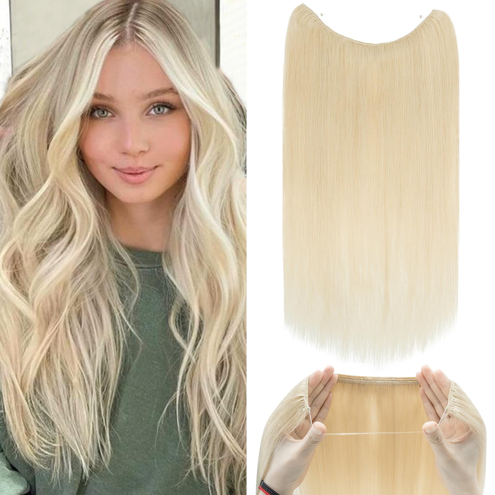 22inch Invisible Silk-co Secret Wire In Hair Extensions Real No Clip Invisible Remy Human Hair One Piece Natural Hairpiece Extensions #60 Platinum Blonde
