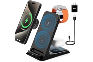KPON Wireless Charging Station for Thick Cases/Popsocket/Otterbox Up to 10MM,3 in 1 Multiple Devices Apple,Wireless Phone Charger for Fast Qi Wireless Charger Stand for iPhone 15/14/13/Apple Watch/Airpods