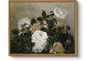ARPEOTCY Floral Framed Wall Art, White Roses Bathroom Art Decor Aesthetic, 9x11 Inch Canvas Art, Farmhouse Vintage Wall Decor for Bedroom Living Room, Office Still Life Paintings Gifts