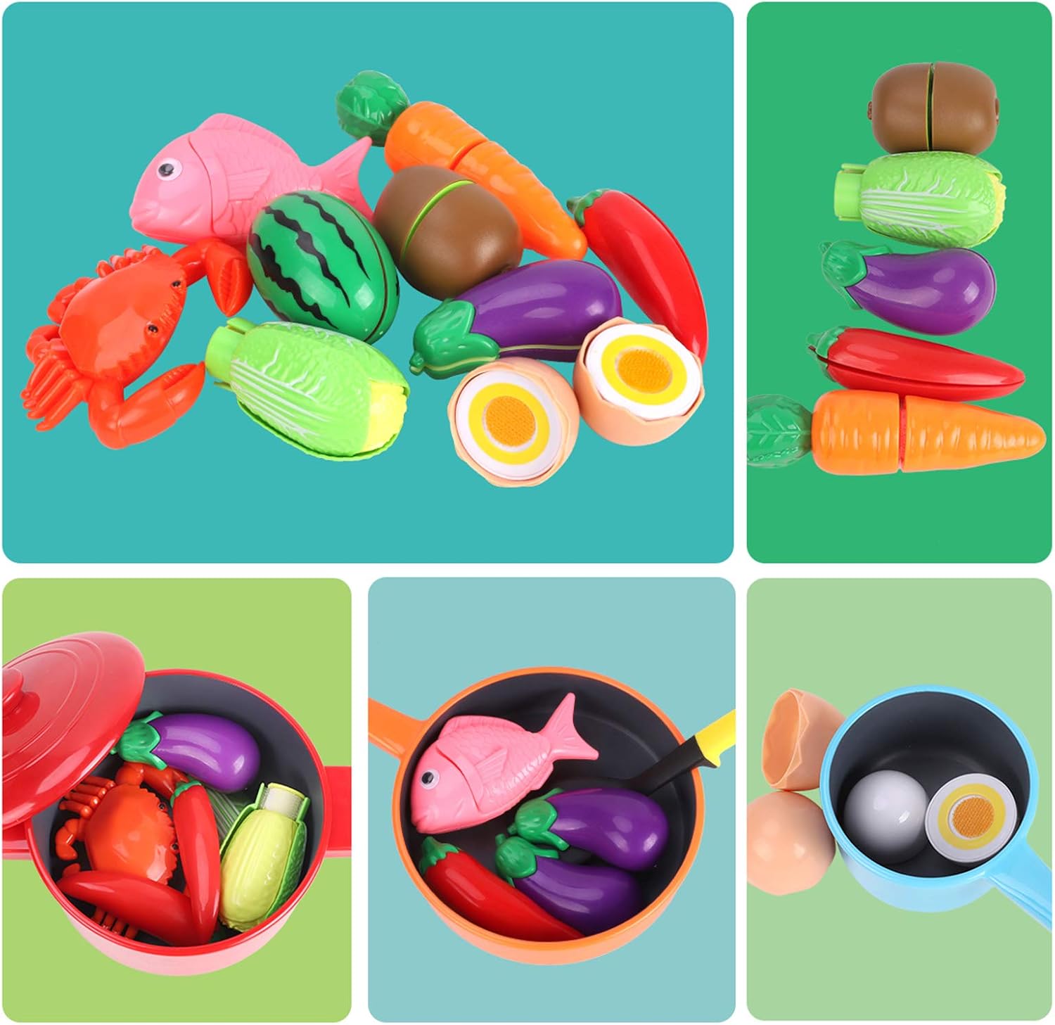 GILOBABY Kids Toy Kitchen Accessories, A Complete Playset with Play Food, Pots, Pans, Fruits & Vegetables - Image 5