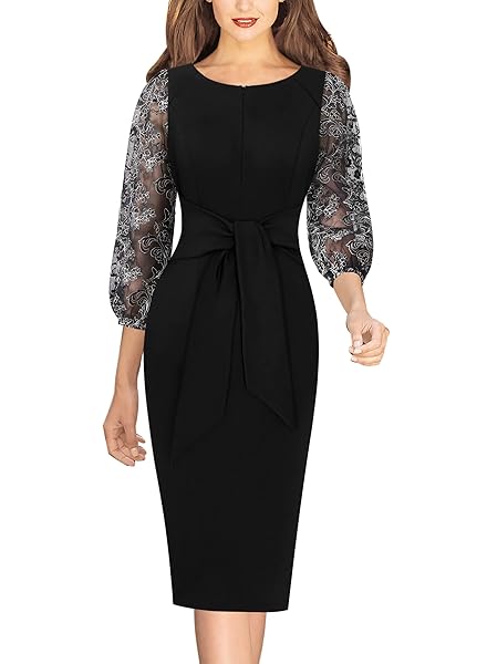 VFSHOW WOMENS BLACK FLORAL EMBROIDERY COCKTAIL EVENING BISHOP SLEEVE TIE WAIST SLIM FRONT ZIPPER PARTY BODYCON PENCIL SHEATH DRESS 8680 BLK S