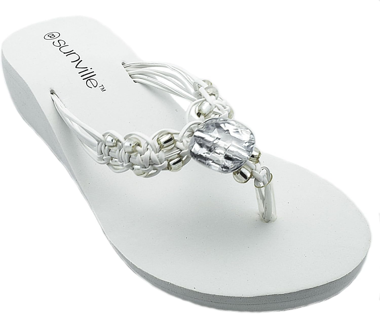 Amazon.com | Sunville Womens White Wedge Thongs Flip Flops Sandals Beaded Macrame Strap | Flip-Flops