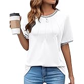 Kopinma White Blouse for Women Crewneck Pleated Shirts Business Casual Short Sleeve Tops Dressy Work Tops White S